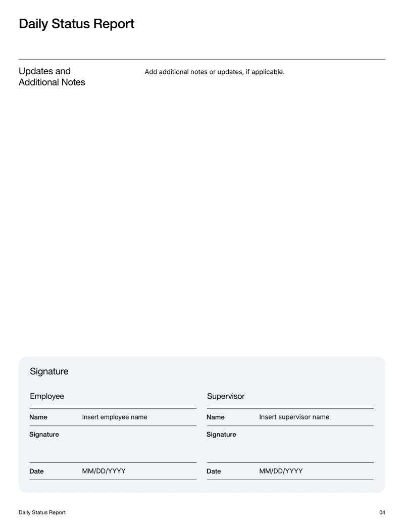 Daily Status Report with sections for completed tasks, ongoing work, planned tasks and daily notes