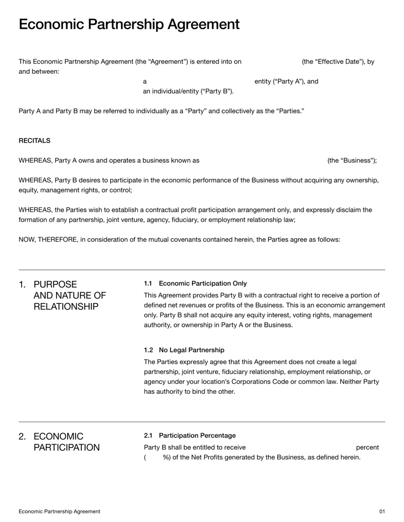 Economic Partnership Agreement defining profit participation rights without ownership, equity or management control