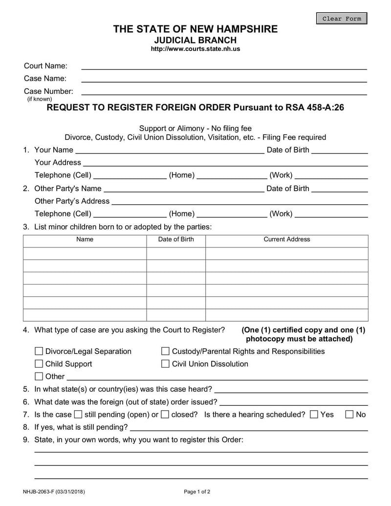 Large thumbnail of Petition to Register Foreign Order in Affidavit Form (NHJB 2063 F) - Oct 2019