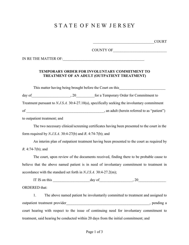 Large thumbnail of Temporary Order for Involuntary Commitment to Treatment of an Adult (Outpatient Treatment)