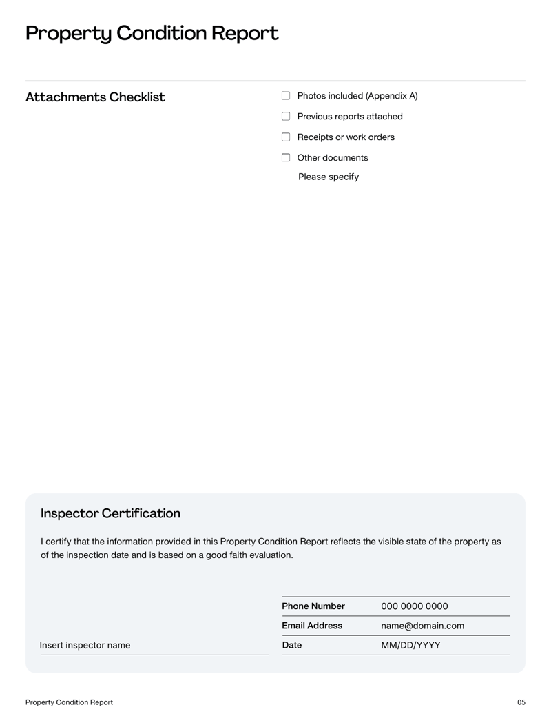 Property Condition Report for landlords and tenants assessing rental property conditions