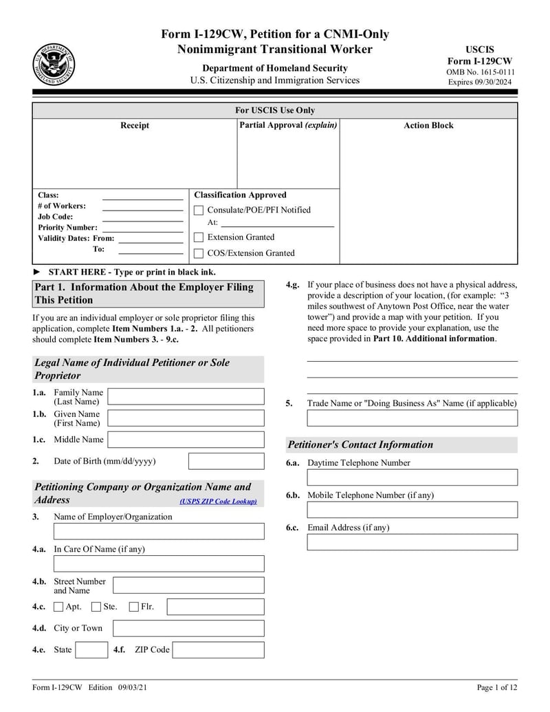 Large thumbnail of Form I-129CW - Sep 2021