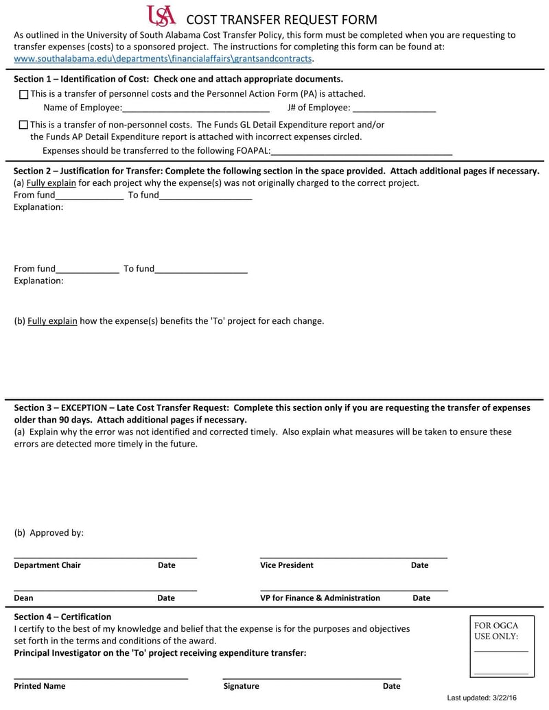 Large thumbnail of University of South Alabama Cost Transfer Request Form
