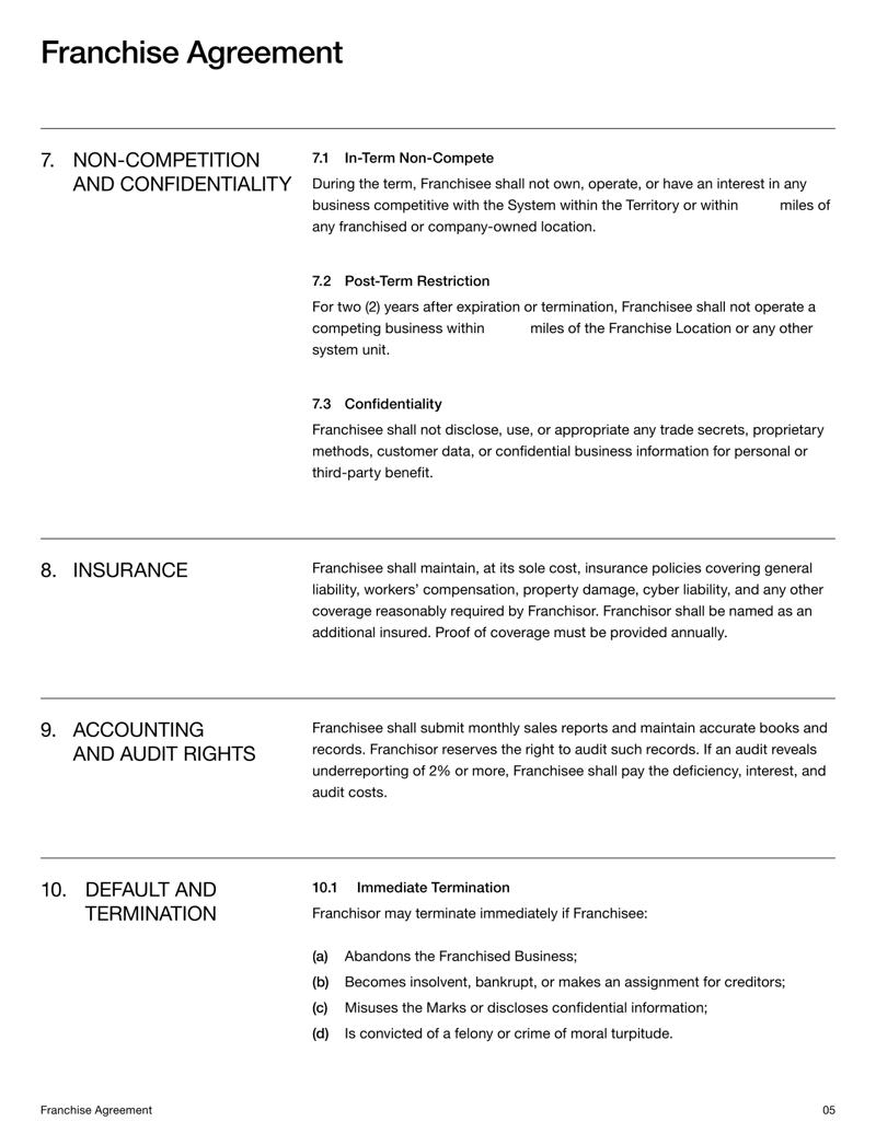 Franchise Agreement form detailing franchisor–franchisee rights and obligations