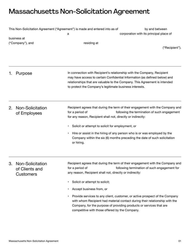 Non-Solicitation Agreement Massachusetts for preventing solicitation of clients or employees while aligning with Massachusetts legal requirements