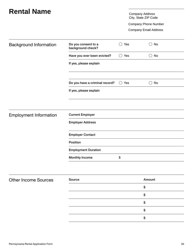 Rental Application Form Pennsylvania for submitting rental background in Pennsylvania