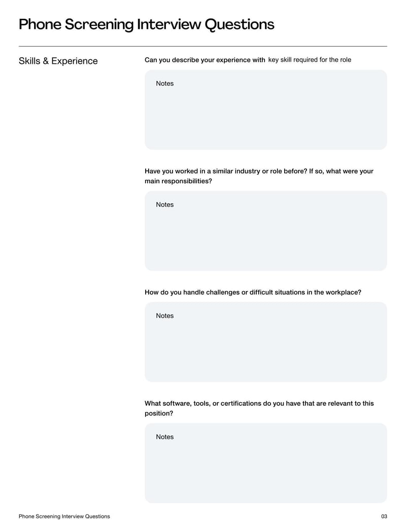 Phone Screen Interview Questions Template for evaluating a candidate’s qualifications, experience, and job fit during an initial call