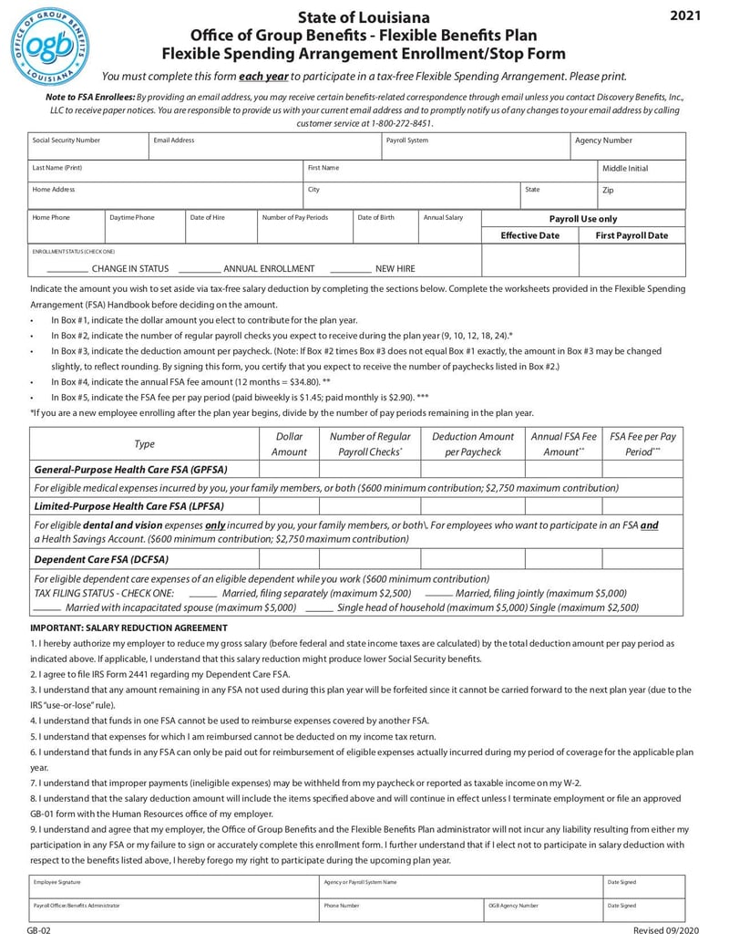 Large thumbnail of Flexible Spending Arrangement Enrollment Stop Form GB-02 - Sep 2020