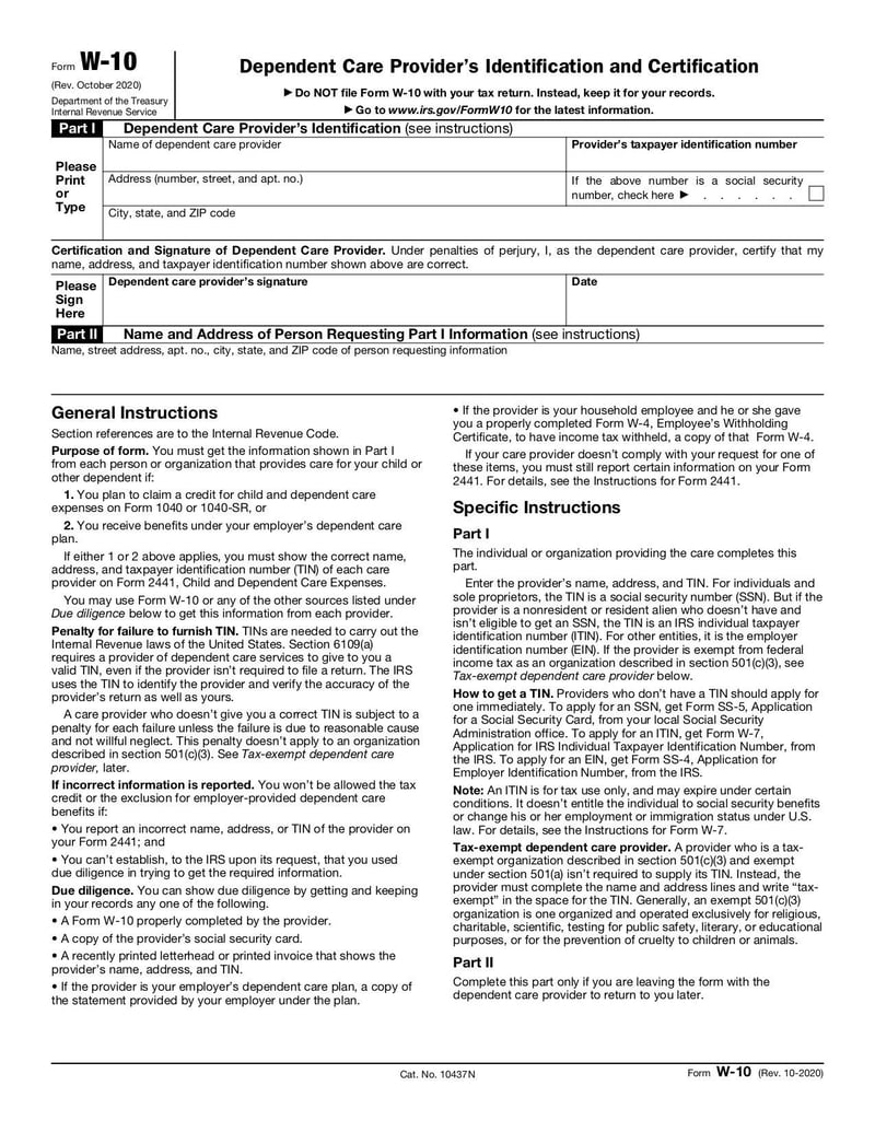 Large thumbnail of Form W-10 - Oct 2020