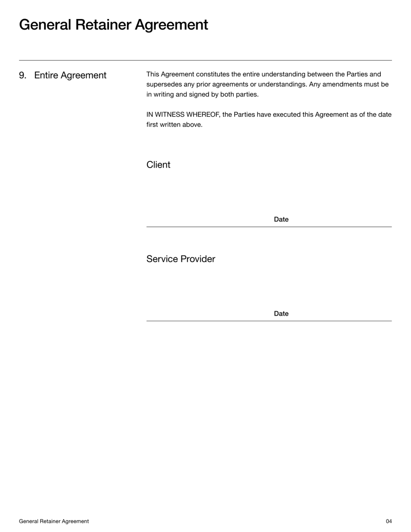 Retainer Agreement Template for outlining service terms, payment structure and legal obligations