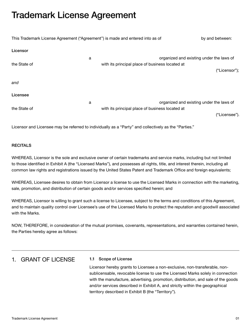 Trademark License Agreement for granting rights to use a brand name or logo under defined terms