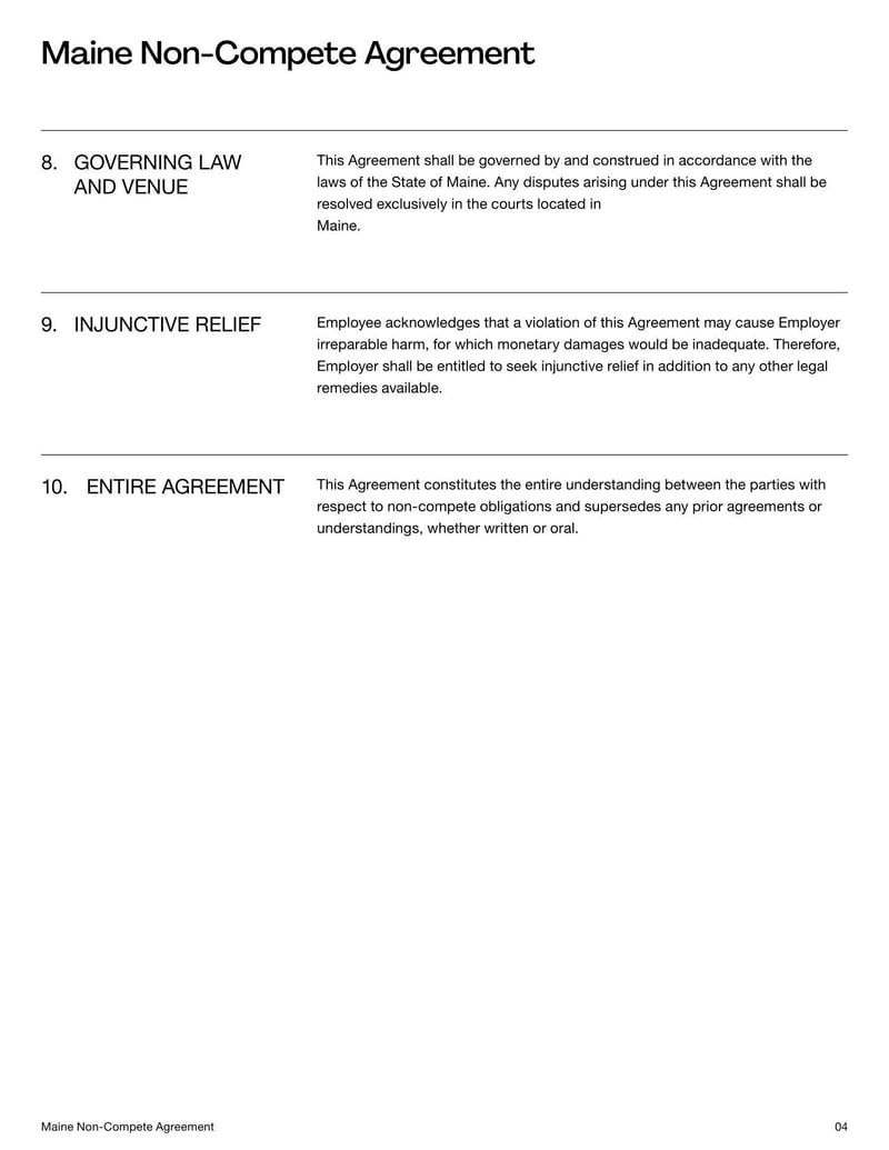 Non-Compete Agreement Maine for specifying employment restrictions on competitive work within the state’s legal limits