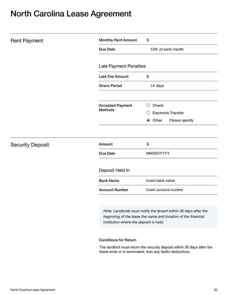 North Carolina Lease Agreement for rental terms in North Carolina
