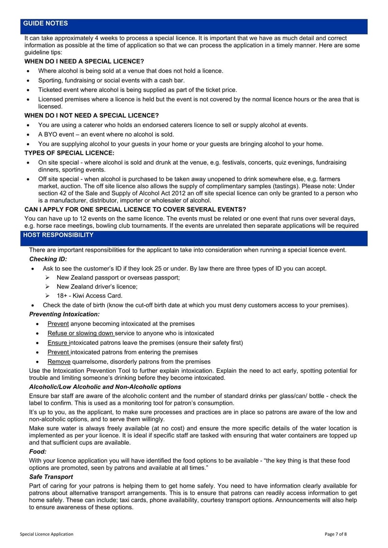 Large thumbnail of New Zealand Application for Special Licence (Premises)