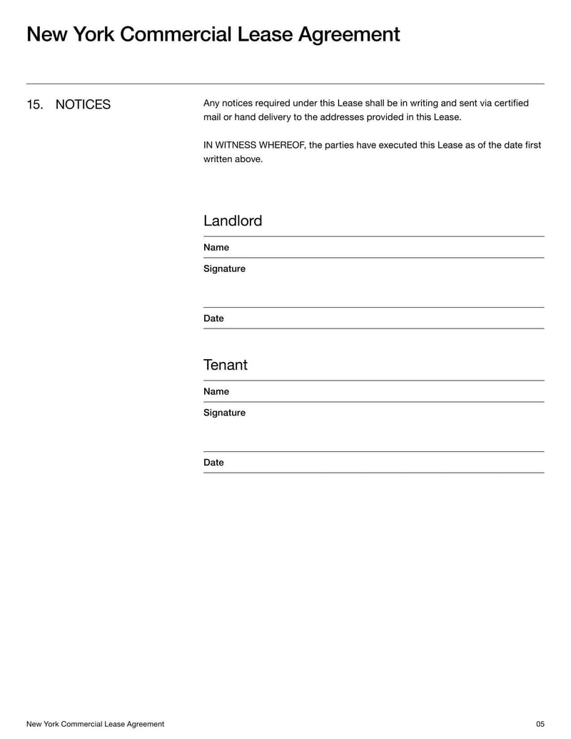 New York Commercial Lease Agreement for outlining rental terms, permitted use, and obligations for commercial properties in New York