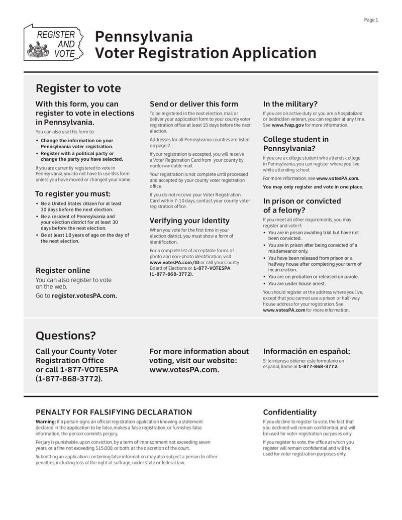 Large thumbnail of Pennsylvania Voter Registration Application Form - Dec 2019