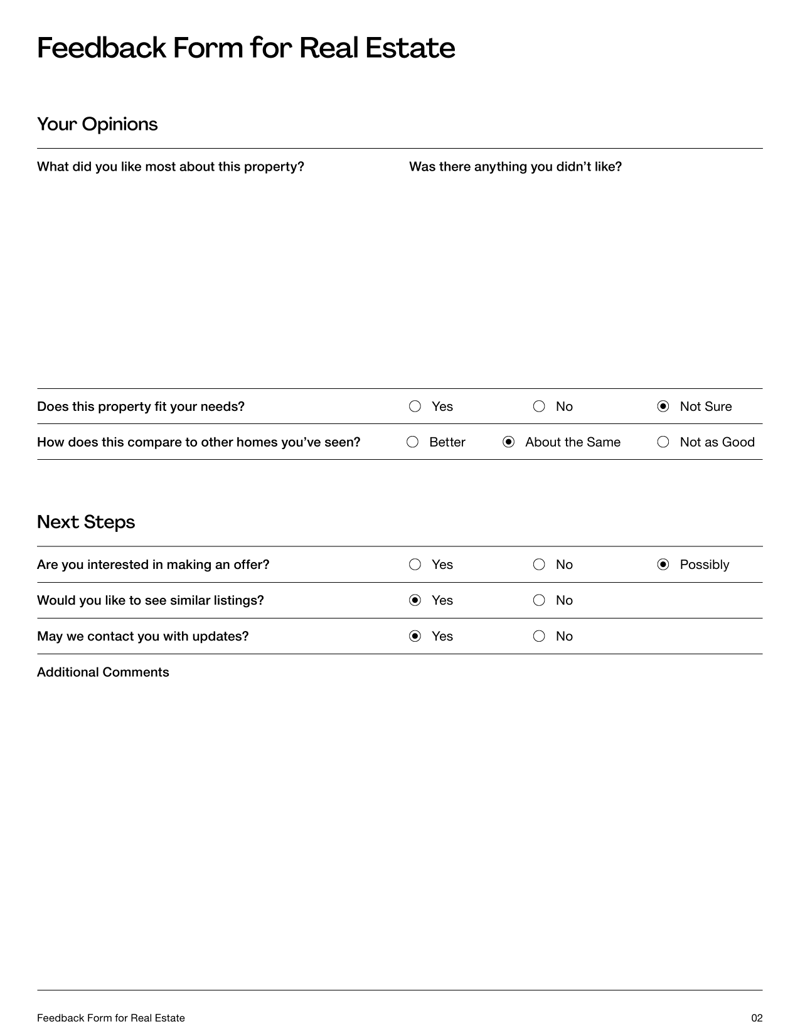 Feedback Form for Real Estate to collect client impressions after a property viewing