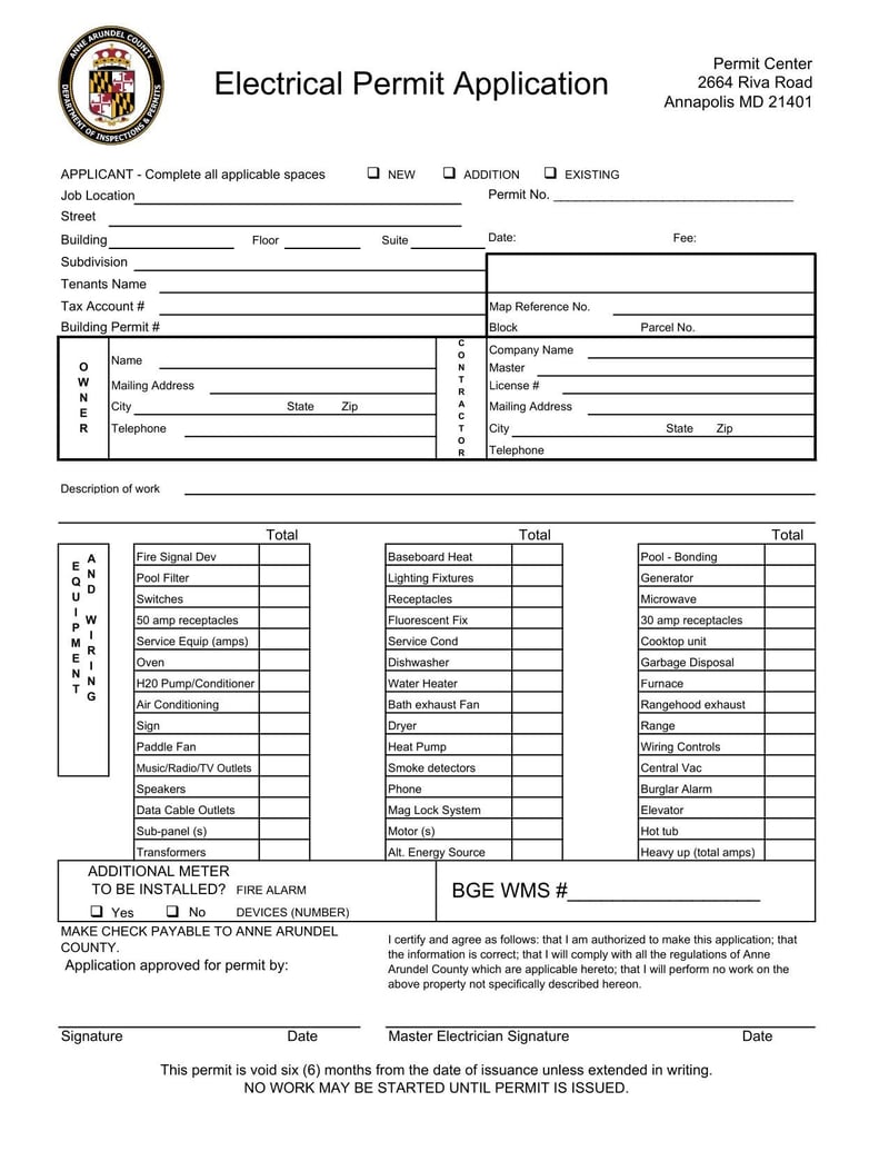 Large thumbnail of Maryland Electrical Permit Application