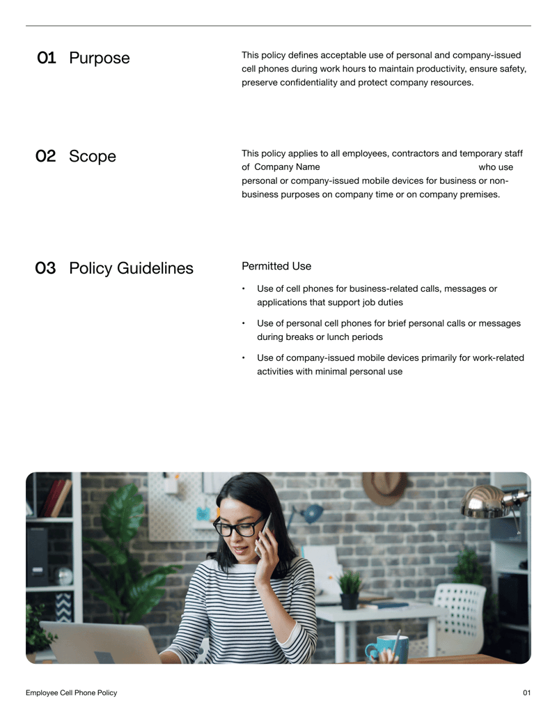 Employee Cell Phone Policy document defining guidelines for mobile phone usage, company-issued devices, security and acknowledgment