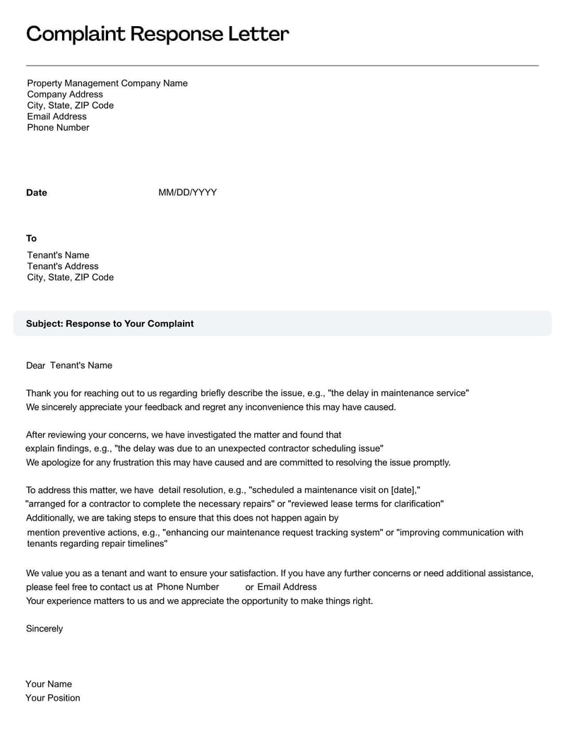 Complaint Response Letter Template for addressing customer complaints with a clear resolution and professional tone
