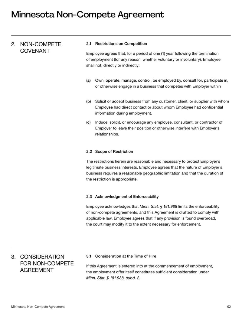 Non-Compete Agreement Minnesota for specifying employment restrictions on competitive work within the state’s legal limits