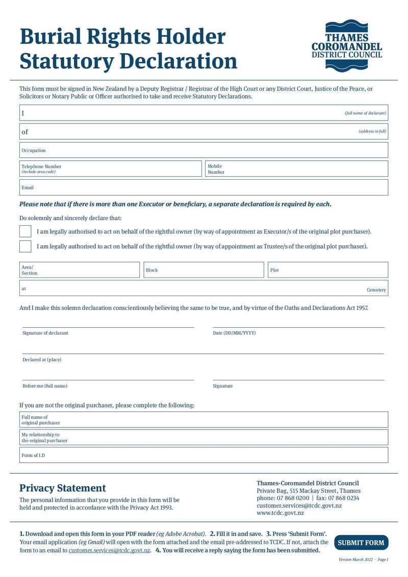 Large thumbnail of Burial Rights Holder Statutory Declaration Form - Mar 2022