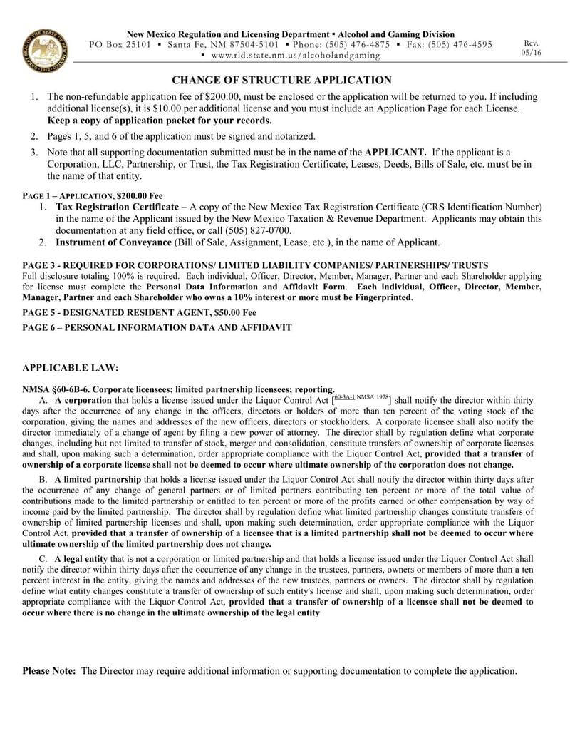 Large thumbnail of New Mexico Change of Structure Application