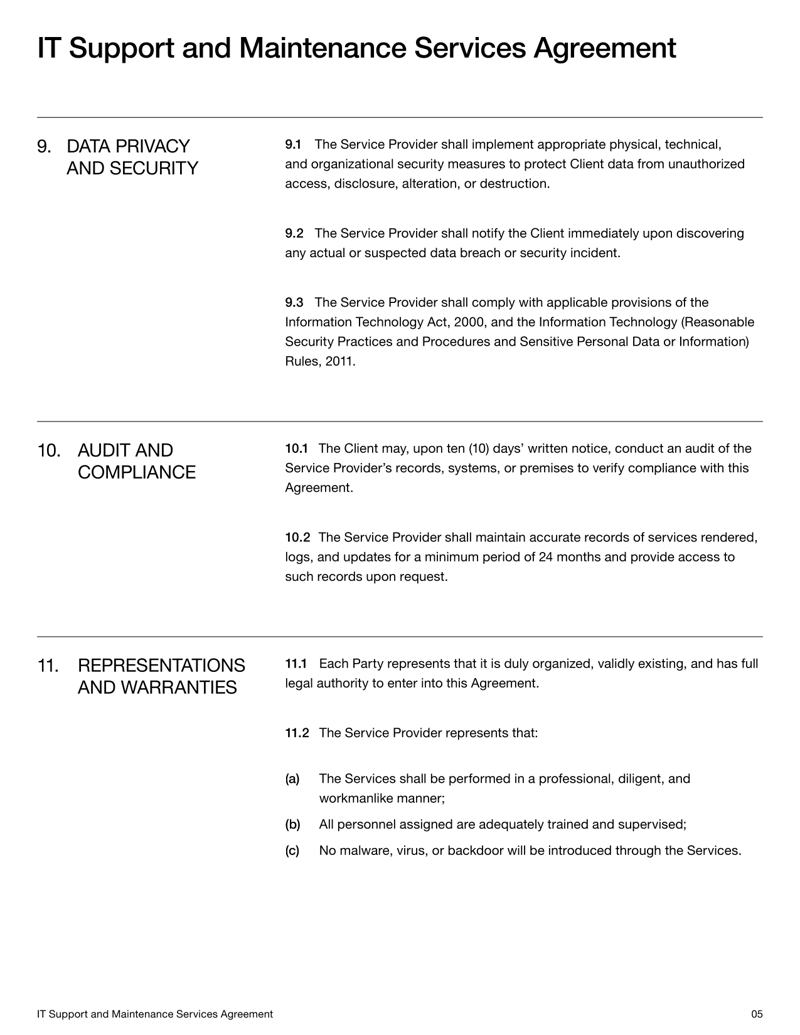 IT Support and Maintenance Services Agreement (India) with service terms, system upkeep details, and dispute resolution provisions