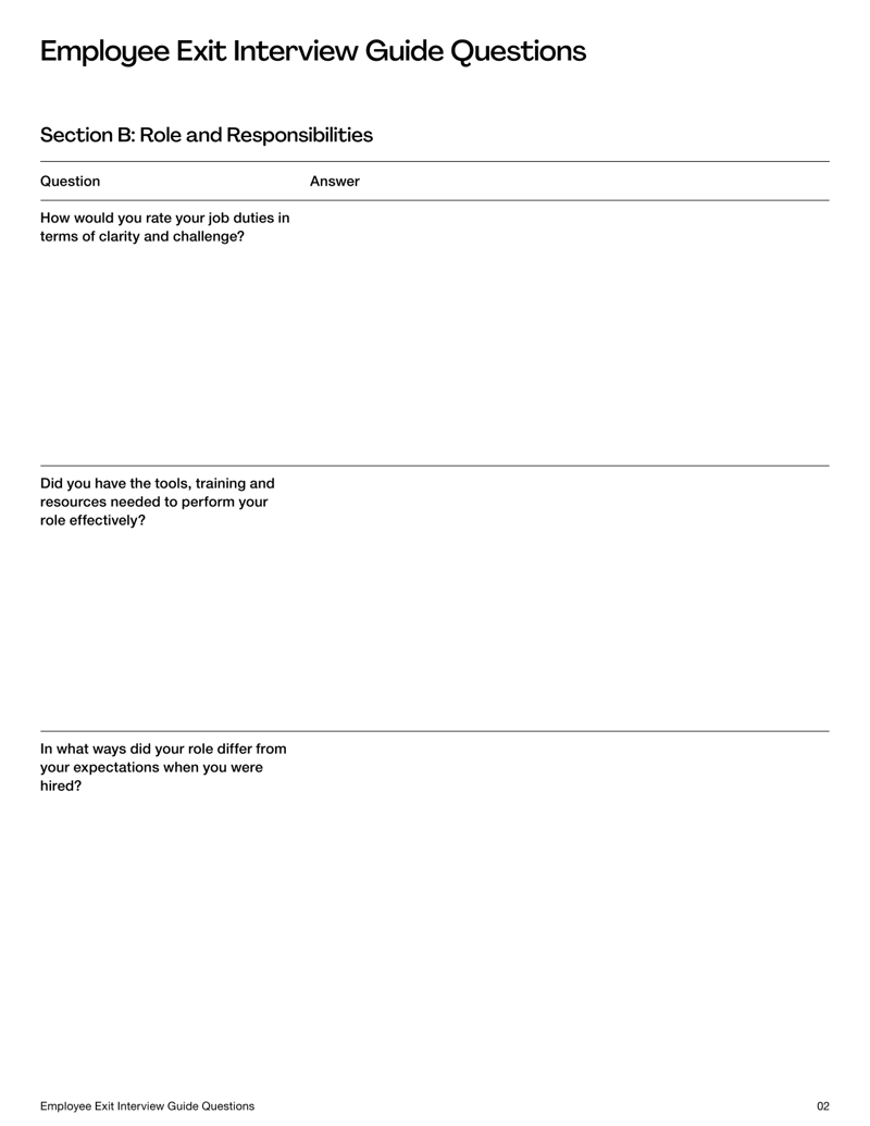 Employee Exit Interview Questions guide listing structured questions in sections on reasons for leaving, role experience, manager feedback, culture, compensation and final thoughts