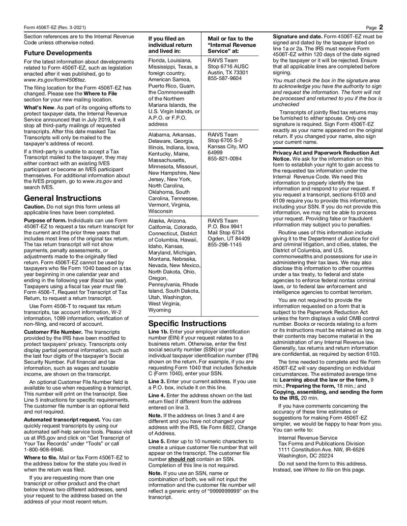 Large thumbnail of Form 4506T-EZ - Mar 2021