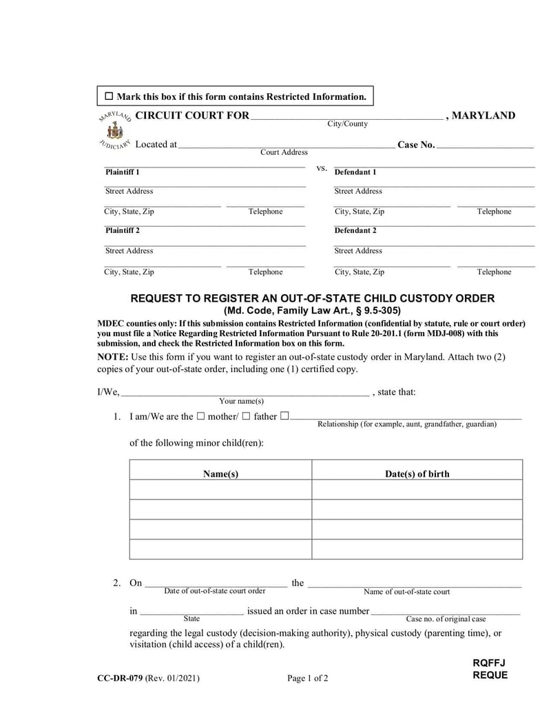 Large thumbnail of Request to Register an Out-of-State Child Custody Order (Form CC-DR-079) - Jan 2021