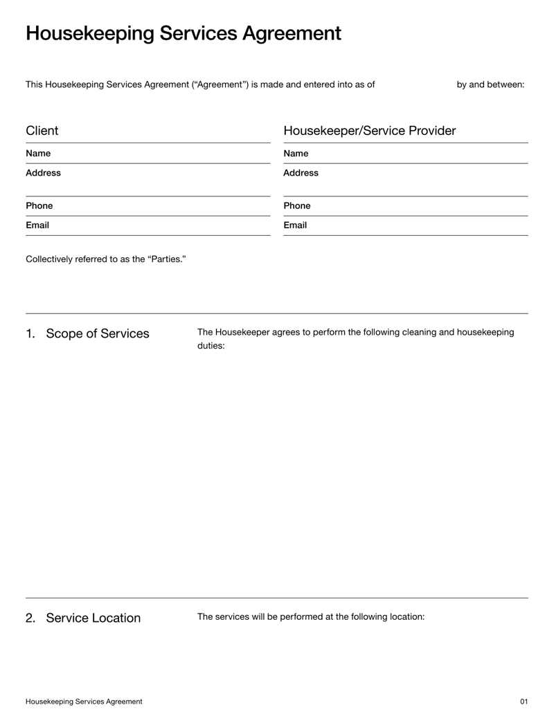 Housekeeping Contract template with sections for services, compensation and legal terms