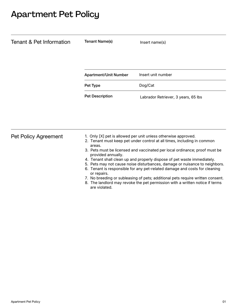 Apartment Pet Policy Template with pet details, fees, requirements and signature lines