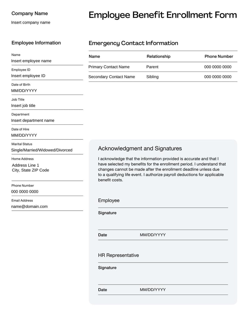 Employee Benefit Enrollment Form for employees to select and enroll in offered benefit programs