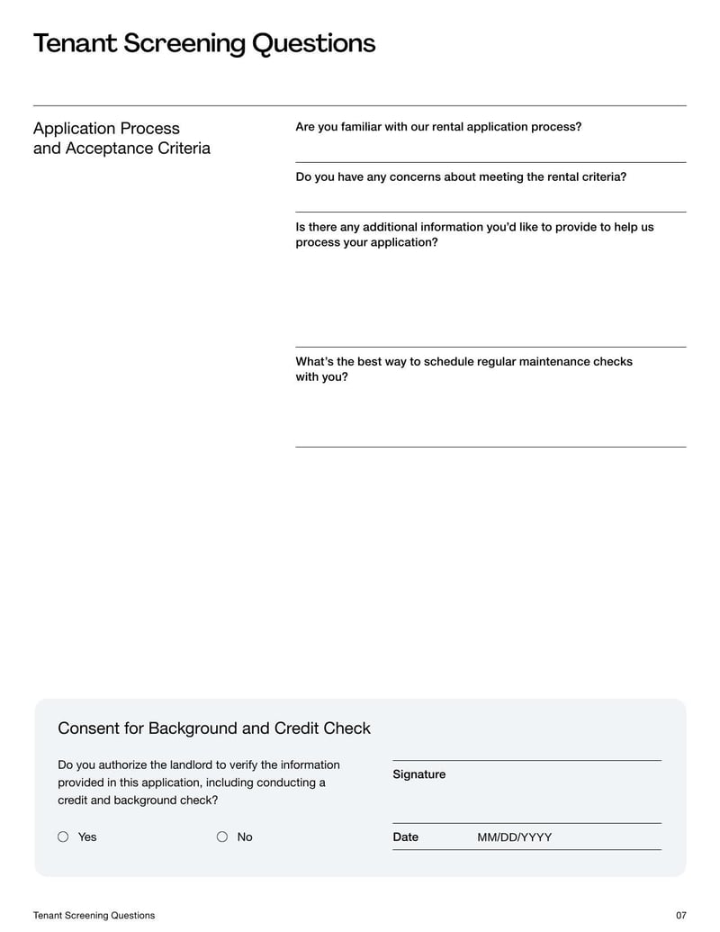 Tenant Screening Questions Template with key questions to assess a prospective tenant’s rental history, income, employment, and references