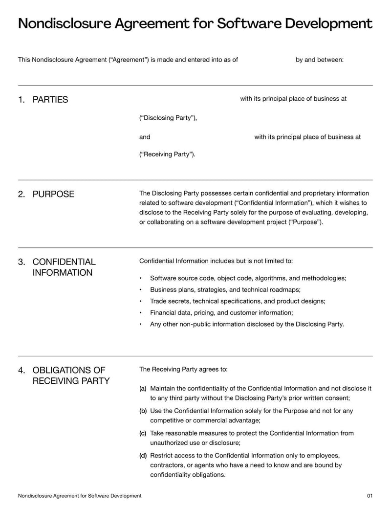 Nondisclosure Agreement for Software Projects outlining confidentiality and non-disclosure terms