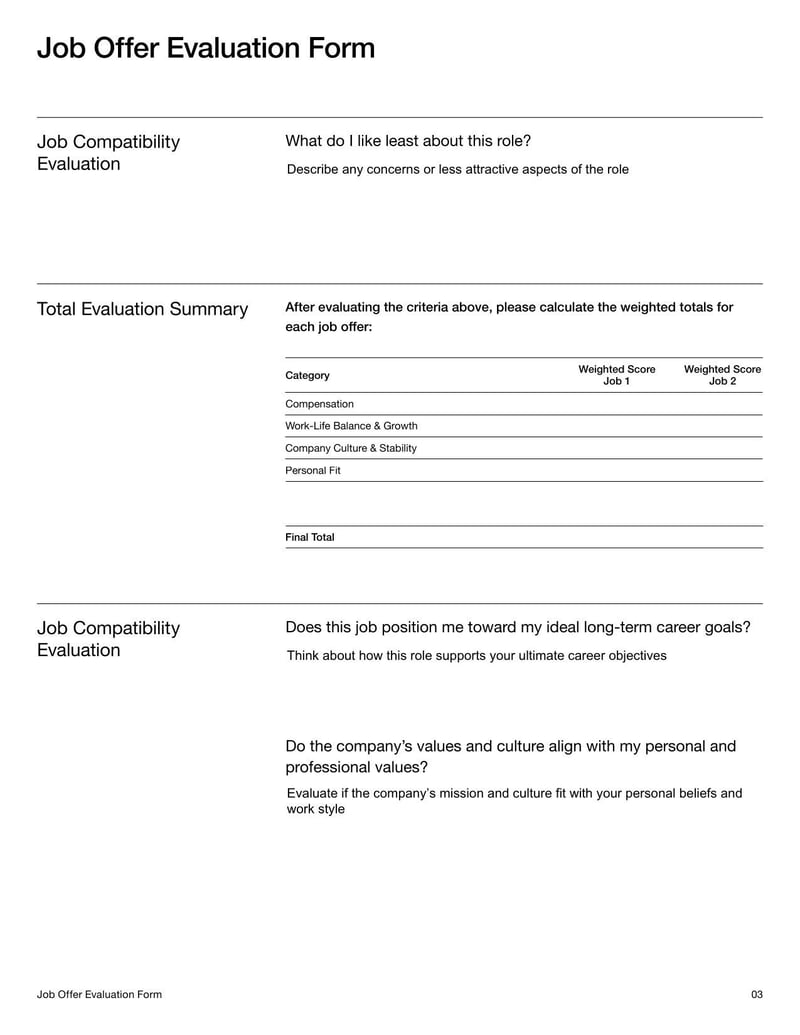 Job Offer Evaluation Form to compare multiple job opportunities
