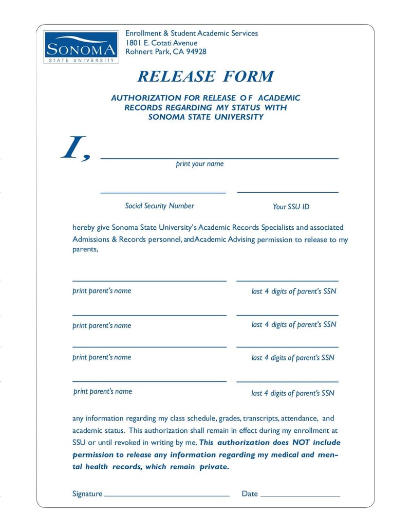 Large thumbnail of Authorization for Release of Academic Records Regarding My Status With Sonoma State University - Aug 2015