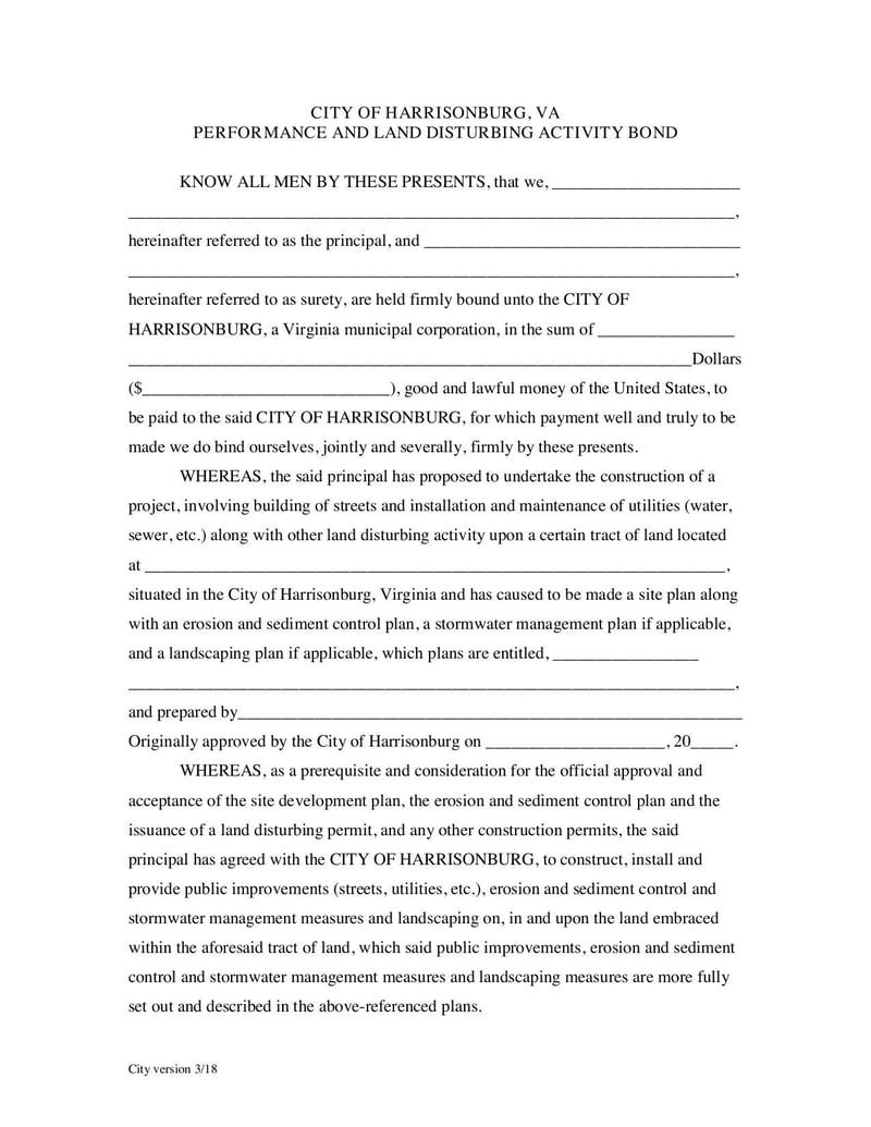 Large thumbnail of Performance and Land Disturbing Activity Bond Form - May 2018