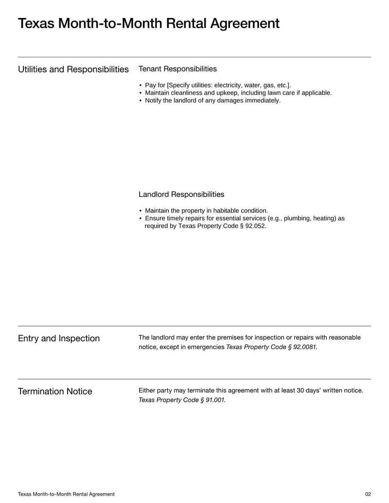 Texas Month-to-Month Rental Agreement template for defining lease terms, rent payments, and tenant-landlord responsibilities