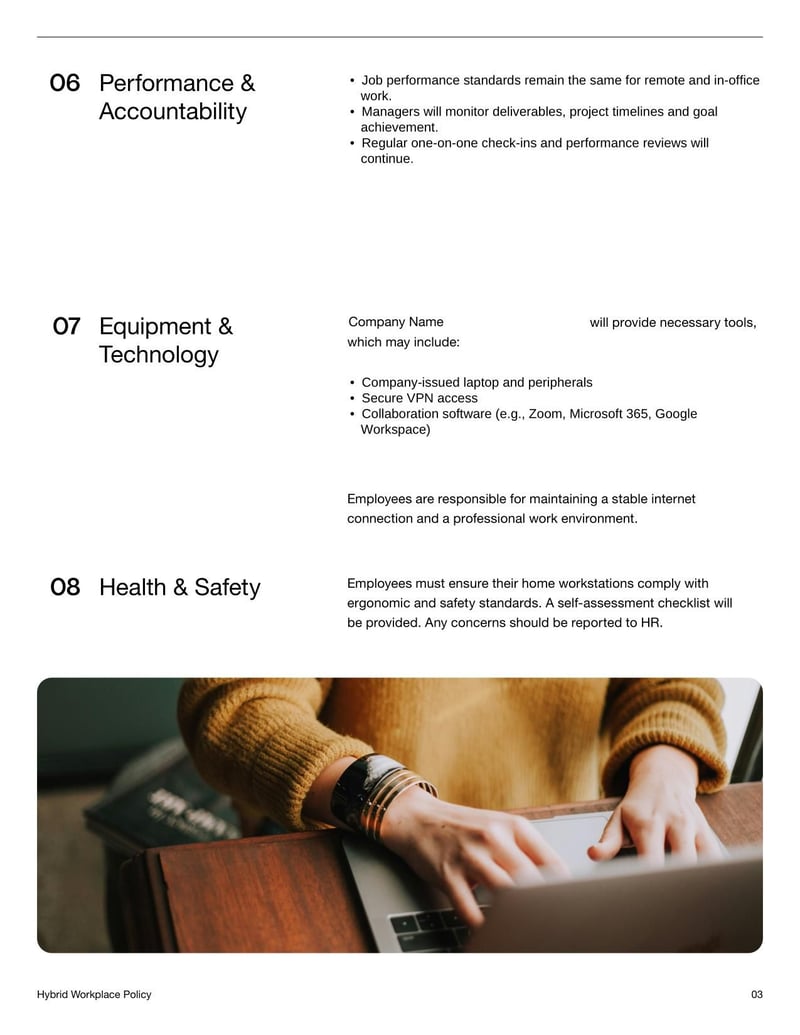 Hybrid Workplace Policy for outlining guidelines on remote and in-office work arrangements