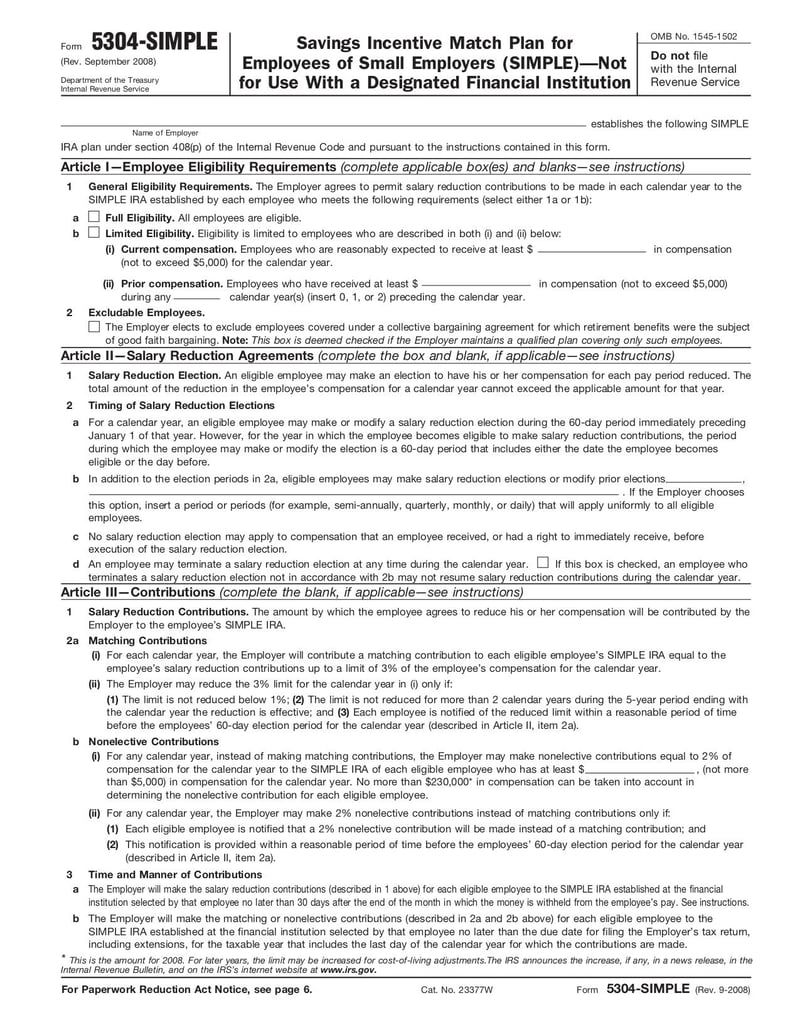 Large thumbnail of Form 5304-SIMPLE - Sep 2008