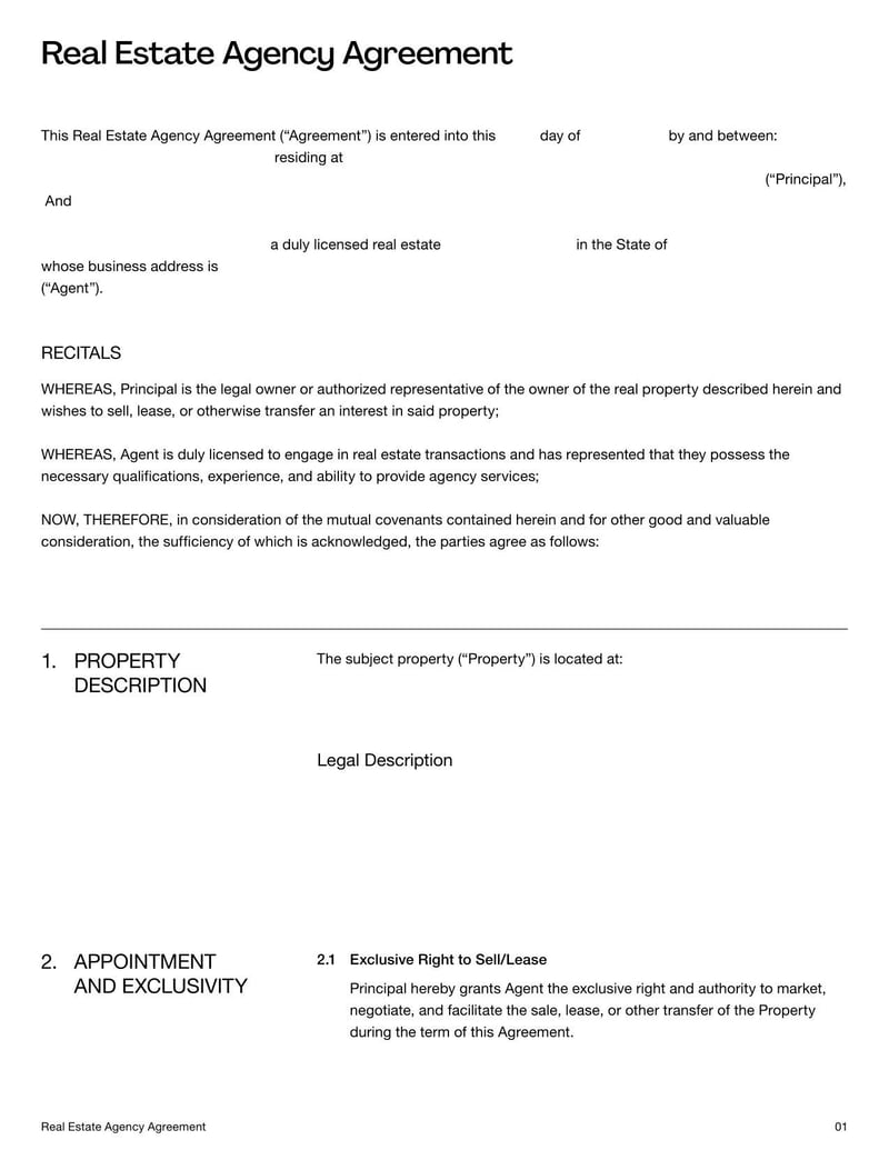 Real Estate Agency Agreement Template for defining the terms between property owners and real estate agents