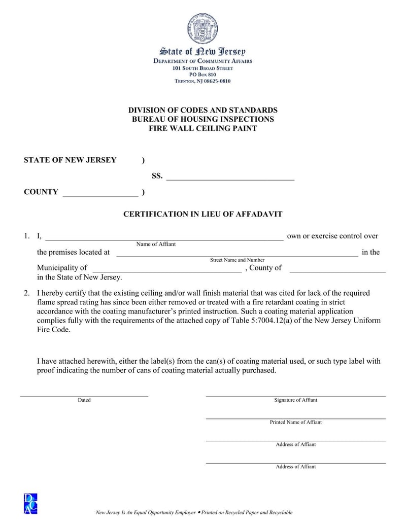 Large thumbnail of New Jersey Certification in Lieu of Affadavit