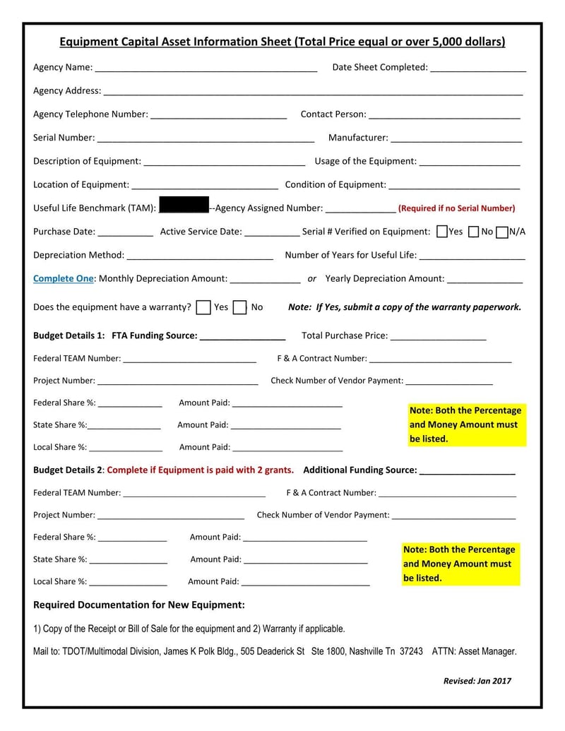 Large thumbnail of Tennessee Equipment Capital Asset Information Sheet (Total Price Equal or Over 5,000 Dollars)