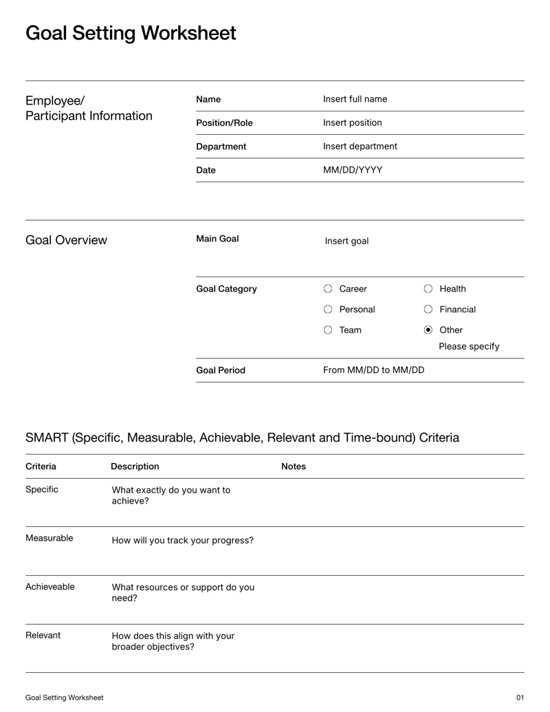 Goal Setting Worksheet with SMART goal criteria, action plan table, progress review section and signature fields for employee and manager