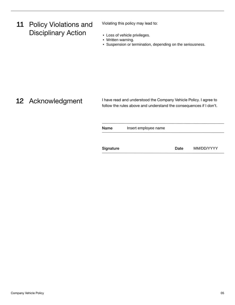 Company Vehicle Policy for establishing guidelines on employee use of company-owned vehicles