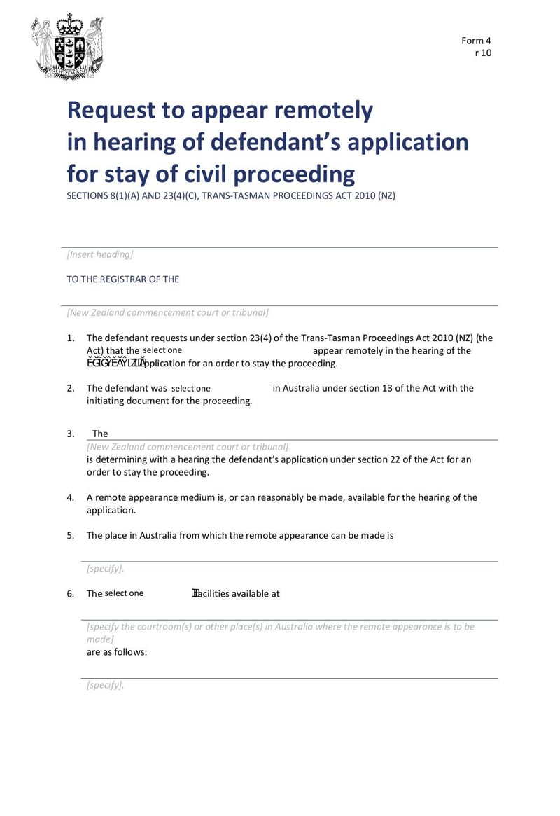 Thumbnail of Form 4 R10 Request to Appear Remotely in Hearing of Defendant's Application for Stay of Civil Proceeding - Oct 2013 - page 0