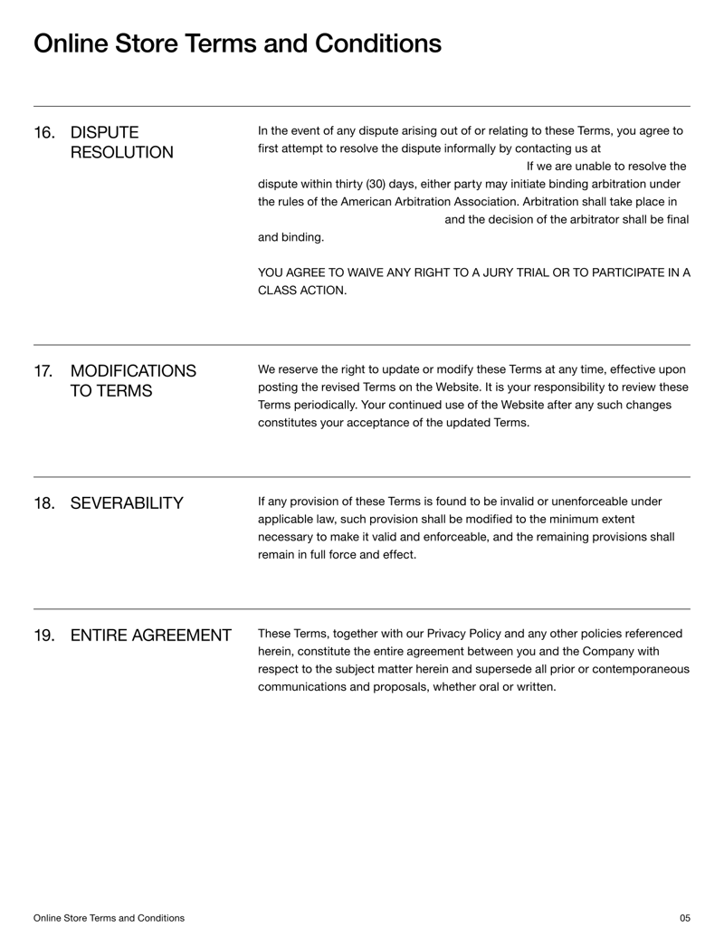 Online Store Terms and Conditions covering purchase terms, payment and dispute resolution