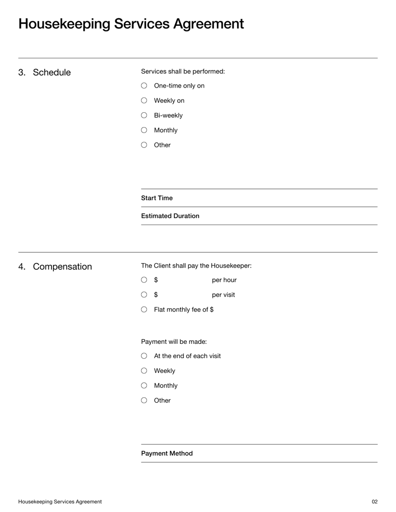 Housekeeping Contract template with sections for services, compensation and legal terms